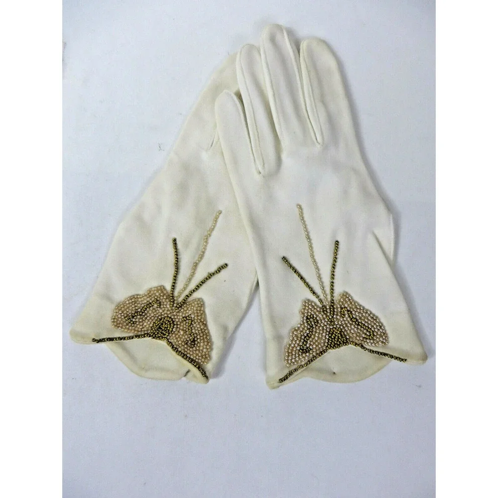 Vtg Hansen Beaded Butterfly White Evening Dress Gloves
